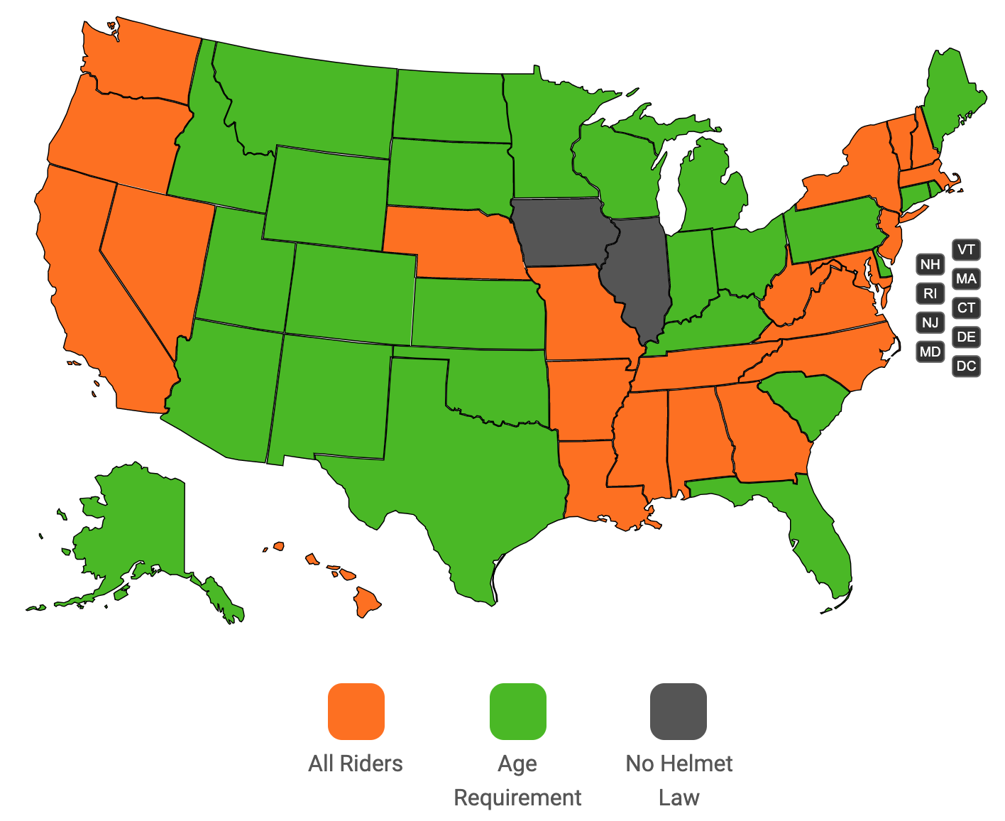 What states can you ride deals a motorcycle without a helmet